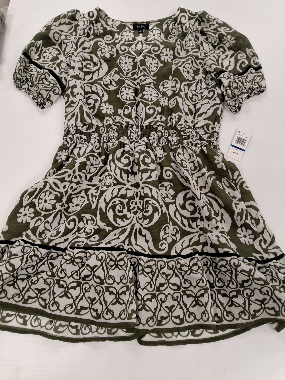 MSK Olive & White Printed Smocked Waist Puff-Sleeve Tunic DRESS